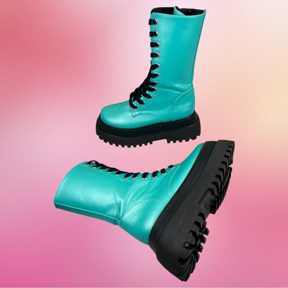 Dolls Kill | Current Mood Teal Platform Combat Boots - Picture 1 of 10